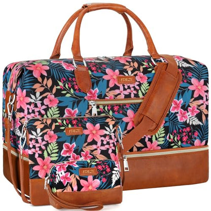 ITIEZY Weekender Bag for Women 21.5" Travel Duffel Large Carry On Bag 3PCS | Nylon Duffel Bag with Waterproof Shoe Compartment, Crossbody Bag and Toiletry Bag, Travel Weekend Hospital Overnight Gym Bag - color: 9-Black Fower