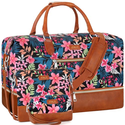 ITIEZY Weekender Bag for Women 21.5" Travel Duffel Large Carry On Bag 3PCS | Nylon Duffel Bag with Waterproof Shoe Compartment, Crossbody Bag and Toiletry Bag, Travel Weekend Hospital Overnight Gym Bag - color: 9-Black Fower