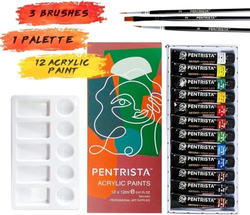 Acrylic Paint Sets, 12 Colors 12ml Tubes with Brushes & Palette | Heavy Body Acrylic Paint with rich pigments and smooth texture, ideal for artists, beginners for canvas painting and crafts - color: 12 Colors