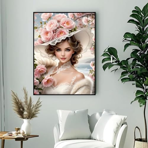 Lady in Flower Hat Diamond Art Painting Kits for Adults,Full Drill Diamond Dots Paintings for Beginners,Flower Round 5D Paint with Diamonds Pictures Gem Art Painting Kits DIY Crafts Kits 12x16inch - color: Lady in Flower Hat