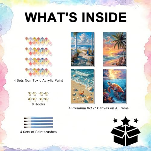TBAIRO 4 Pack Beach Framed Paint by Numbers Kit for Adults Beginner Sea Turtle DIY Painting Kits for Adults Beach Easy Adult Paint by Number Kits on Canvas for Wall Art Decor 8x12 Inch