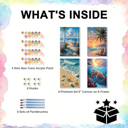TBAIRO 4 Pack Beach Framed Paint by Numbers Kit for Adults Beginner Sea Turtle DIY Painting Kits for Adults Beach Easy Adult Paint by Number Kits on Canvas for Wall Art Decor 8x12 Inch