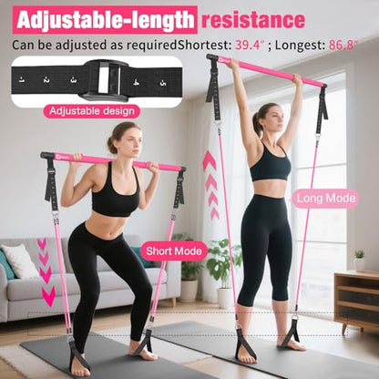 Bbtops Pilates Bar Kit with Resistance Bands,Pilates Bar with Stackable Bands Workout Equipment for Legs,Hip,Waist and Arm,Exercise Fitness Equipment for Women & Men Home Gym Yoga Pilates - color: Pink