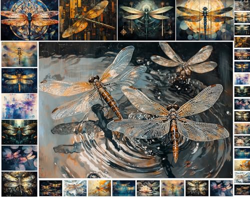 Decoupage Paper Pack (35 Sheets 6"x8") Dragonfly Jewel Garden ~ Stylized Dragonflies with Iridescent Wings in Jewel-Toned Fantasy Gardens, Illustrated in Stained Glass and Soft-Focus Surreal Style - color: Three