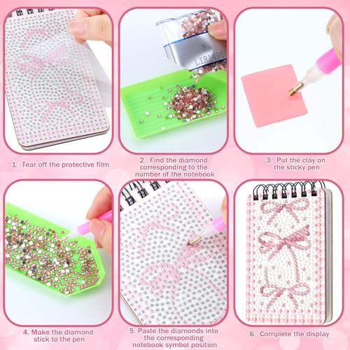 Fuyoooo 12 Pcs Pink Bow Diamond Art Notebook for Adults, 4.72 x 2.83 Inch | Coquette Bow Diamond Art Kits, Bowknot DIY Cover Notebook Diamond Painting for Beginners, 5d Journal Notepad Accessories - style: Pink Bow