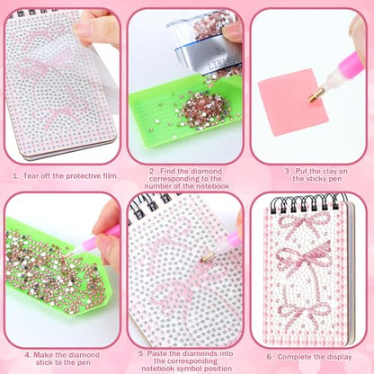 Fuyoooo 12 Pcs Pink Bow Diamond Art Notebook for Adults, 4.72 x 2.83 Inch | Coquette Bow Diamond Art Kits, Bowknot DIY Cover Notebook Diamond Painting for Beginners, 5d Journal Notepad Accessories - style: Pink Bow