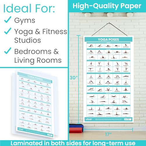 Vive Yoga Poster - Poses for Beginners and Experts - Mat Exercise Home Gym | Workout Accessories Set- Double Sided Laminated Flow Chart Accessory - Instructional Guided Routine - for Women, Men