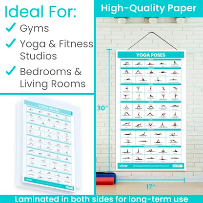 Vive Yoga Poster - Poses for Beginners and Experts - Mat Exercise Home Gym | Workout Accessories Set- Double Sided Laminated Flow Chart Accessory - Instructional Guided Routine - for Women, Men
