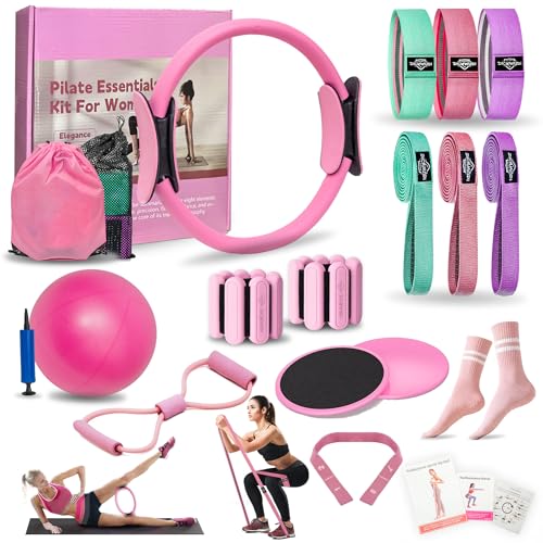 DICYWUDI Pilates Essentials Kit for Home Women, Pilates Equipment for Workouts, 6 Fabric Resistance Bands, 12 Inch Magic Circle Yoga Ring, Mini Exercise Ball, Great Exercise Equipment - color: 15pcs Pink set
