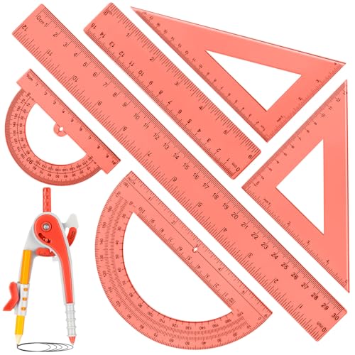 Zonon 1 Set Plastic Geometry Math Set 7 Pcs Includes 6'' / 4 '' Protractor, Drawing Compass, 45/60 Degree Triangle Rulers, 12'' / 6'' Math Ruler Transparent for Office Supplies(Orange) - color: Orange