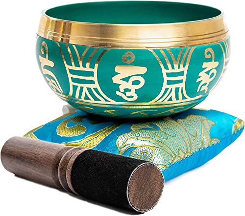 Tibetan Singing Bowl Set - Authentic Handcrafted Mindfulness Meditation Holistic Sound 7 Chakra Healing by Himalayan Bazaar (Turquoise) - color: Turquoise Blue
