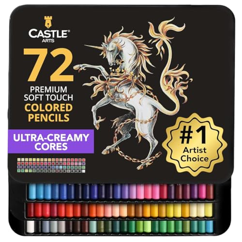 Castle Art Supplies 72 Colored Pencils for Adults - Soft Core Leads | For artists, professionals, and adult colorists - rich, creamy, velvety leads - organized in a presentation tin case
