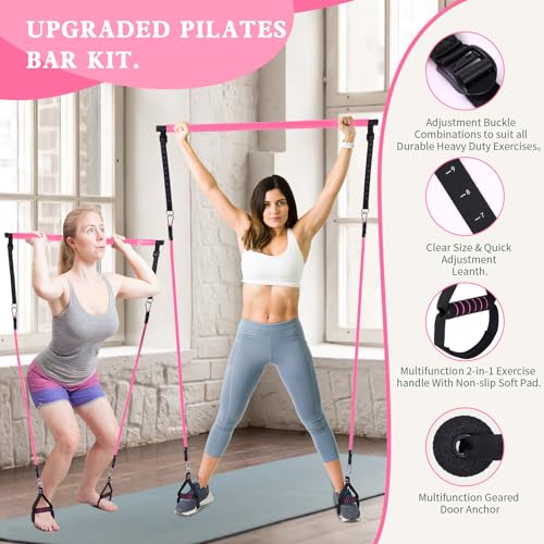 Bbtops Pilates Bar Kit with Resistance Bands,Pilates Bar with Stackable Bands Workout Equipment for Legs,Hip,Waist and Arm,Exercise Fitness Equipment for Women & Men Home Gym Yoga Pilates - color: Rose
