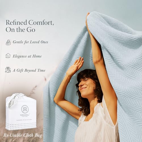 Threadmill Luxury 100% Cotton Queen Herringbone Blanket, Light Blue - color: Light Blue, size: Queen (90" x 92")