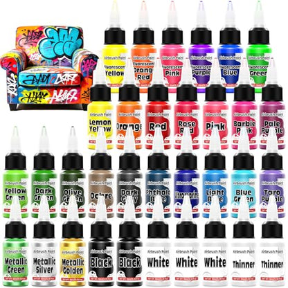 Airbrush Paint - 33 Colors Acrylic Air Brush Painting, Ready to Spray Airbrush Model Paint Kit, Water Based Airbrush Painting with 2 Thinners 6 Primer for Wood, Model Car, Craft, Metal, Plastic - size: 0.35 Fl Oz (Pack of 33)