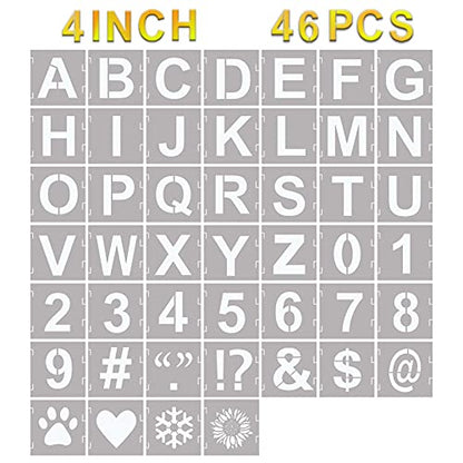 YEAJON 46 Pcs Letter Stencils Symbol Numbers Craft Stencils, Reusable Alphabet Templates Interlocking Stencil Kit for Painting on Wood, Wall, Fabric, Rock, Chalkboard, Sign, DIY Art Projects (4 Inch) - size: 4 INCH