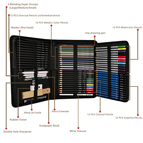 H & B 72PCS Drawing Pencils Set Sketching Kit, Art Supplies with Sketchbook | All-in-One Pro Art Kit with Travel Case - Perfect for Artists Adults Beginners to Draw, Shade, Blend & Color - Ready to Use