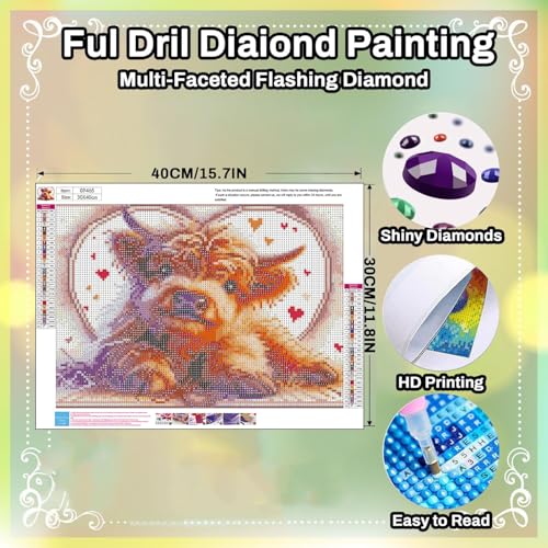 Cow Diamond Painting Kits for Adults Highland Cow Diamond Art Kits 12x16 In | Animal Gem Art Kits for Adult for Gift Home Wall Decor - color: G9465