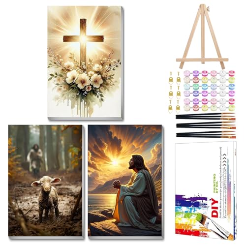 Mandun Religious Paint by Numbers Kit for Adults, 3 Pack, 7.8x11.8 inch | DIY Painting Kits Crafts for Adults, Relieve Stress, Frame Canvas, Wooden Easel, Gift Box, Home Wall Decor - color: 3 Pack Religion