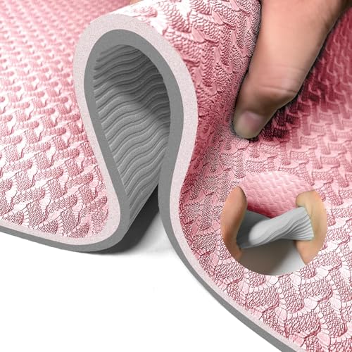 Yoga Mat 1/3" (8mm) Thick Non-Slip, Women Men Fitness & Exercise Mat, 72"Lx24"W Eco-Friendly TPE Workout Mat with Carrying Strap for Yoga, Pilates, Home Gym, Floor Exercises - color: Pink