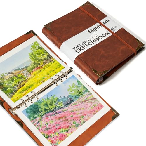 Lightwish Watercolor Sketchbook,100% Cotton Acid Free Watercolor Journal,300gsm/140lb Cold Press Watercolor Paper for Artists,Adults,Students,20 Sheets,5.8 * 8.2 Inches Paper - color: Leather Strap Brown