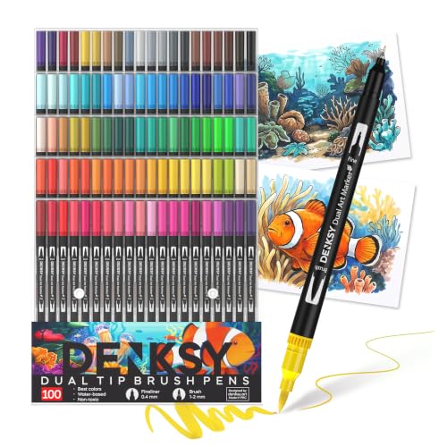 100 Watercolor Markers Set | Water Color Pens with Brush & Fineliner, Water-Based Art Markers | Dual Tip Markers for Adult Coloring, Lettering, Calligraphy, Sketching, Journaling & Illustration - color: Black