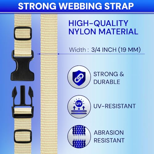 TECEUM 3/4" Nylon Strap Kit with Buckles, Cream 6 yards Repair Set | Heavy duty hardware kit: 6yd webbing, 6 quick release buckles, 12 tri-glide slide clips, 6 metal D-rings for crafting. - color: Cream, size: 3/4" - 6 yards, style: 6 Buckle - 12 Slides -