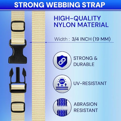 TECEUM 3/4" Nylon Strap Kit with Buckles, Cream 6 yards Repair Set | Heavy duty hardware kit: 6yd webbing, 6 quick release buckles, 12 tri-glide slide clips, 6 metal D-rings for crafting. - color: Cream, size: 3/4" - 6 yards, style: 6 Buckle - 12 Slides -