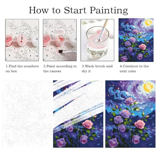 ZRIZQ Flowers Paint by Numbers Kit for Adults Beginner,Purple Rose,16x20 | Full set with wooden brushes,rolled canvas,rich paints.Calming activity.Beginner friendly.Just open and paint. - color: 16"X20"Rolled Canvas(Frameless)-Flowers 2