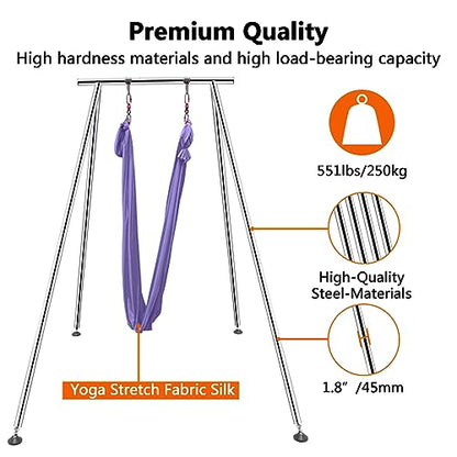 TECSPEC 9.6 FT/115.3 Inch Adjustable Height Aerial Yoga Frame & Hammock, Professional Swing Stand with 18 FT/33FT Aerial Silk, 550lbs Max Capacity - color: Light Purple