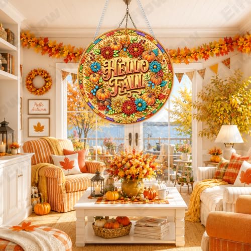 Eiflow Acrylic Diamond Art Hanging Kit for Adults, DIY Diamonds Painting Door Hanger Board Kit, Special Crystal Diamond Art Painting Pendant Ornament (Hello Fall) - color: Hello Fall