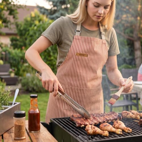 Professional Unisex Chef Apron – Cross-Back, Large Pockets, Water-Resistant Cotton Canvas - color: Brown Stripe