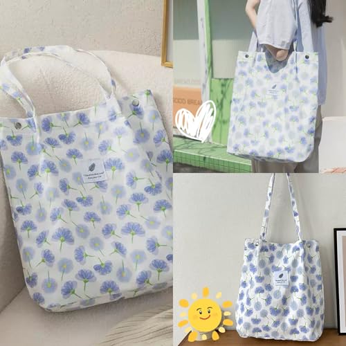Aphoraeny Corduroy Tote Bag for Women Cute Totes Shoulder Bag with Inner Pocket for Work Beach Shopping Travel Grocery - color: Purple Flowers