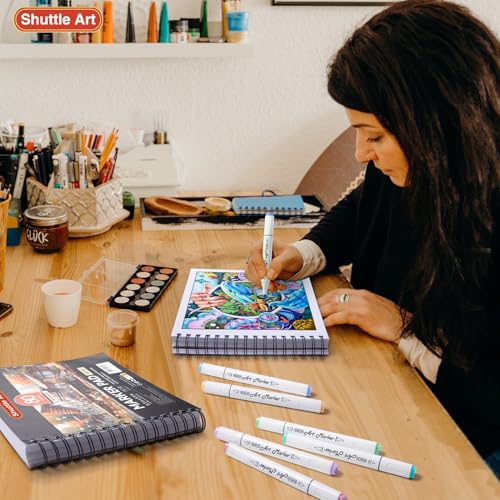 Shuttle Art Marker Pad, 8.3”x8.9” Portable Square Sketchbook, 80 Sheets Marker Drawing Paper, 110LB/180GSM Bleedproof Art Paper, Spiral-Bound, Great for Professional Artist to Draw, Paint & Sketch - size: 8.3x8.9 inch