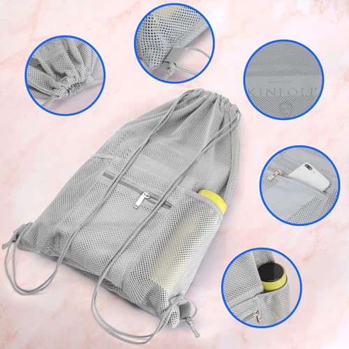 NATURAL STYLE Mesh Drawstring Backpack Bag, Gym Sports Bag with Zipper Pocket Bottle Holder, String Beach Bag for Swiming Travel (Grey) - color: Grey