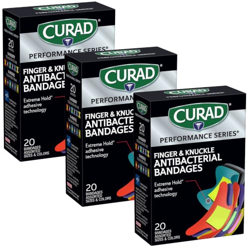 CURAD Performance Series Antibacterial Bandages, Extreme Hold Adhesive Technology, Finger & Knuckle Bandages, Flexible Fabric, Variety Pack with Assorted Sizes & Colors, ( Pack of 3) - size: 20 Count (Pack of 3)