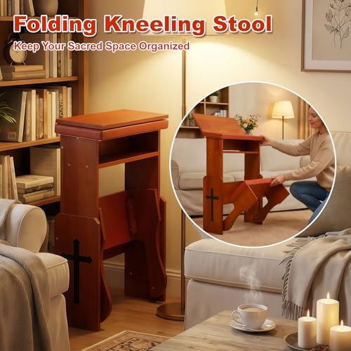 Fanwer Folding Prayer Kneeler Bench, Adjustable Wooden with Bookshelf | Compact kneeling altar for church chapel, home devotion & meditation, portable prayer stool