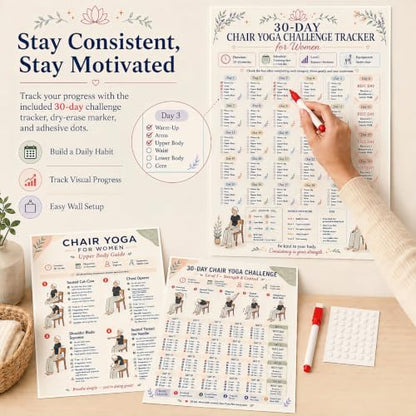 Chair Tai Chi Workout Chart & Yoga Poster for Seniors & Beginners | Set of 6 Illustrated Guides & 6 30-Day Challenges, Laminated Gentle Seated Exercise Charts for Mobility, Balance, Flexibility