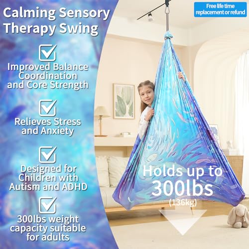 Sensory Swing for Kids Indoor & Outdoor Double Layer Therapy Cuddle Hammock Chair with 360 Swivel Hanger Kit Adjustable Swing for Child and Adult with Aspergers Autism ADHD (Cerulean) - color: Cerulean