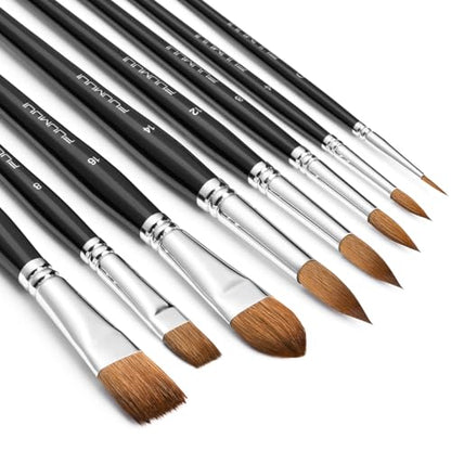 Watercolor Brushes Professional, Fuumuui 8Pcs Sable Paint Brush Set Variety Shapes with Flat, Round Pointed, Cat's Tongue Oval Wash Perfect for Watercolor Acrylic Gouache Inks Painting - color: Black