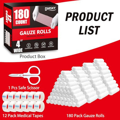DMSKY 180 Pack Gauze Rolls, 4 in x 4.1 Yards | Individually Wrapped Gauze Wrap Roll for Wounds, Premium Rolled Gauze Bandage Wrap, Mummy Wraps - color: 180pack, size: 4 IN
