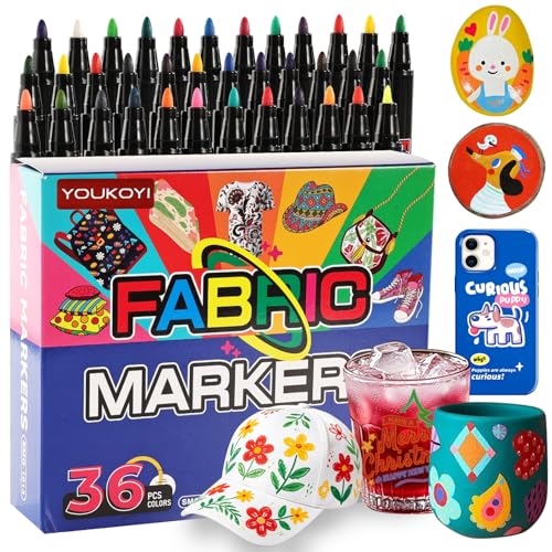 YOUKOYI Fabric Markers, 36 Colors Acrylic Paint Pens, Fabric Decorating Kits No Bleed Waterproof Quick Dry Fabric Paint Pens for Fabric DIY, Crafts, Wood, Ceramic, Sneakers, Bags, Shoes, Textile - color: 36 Colors