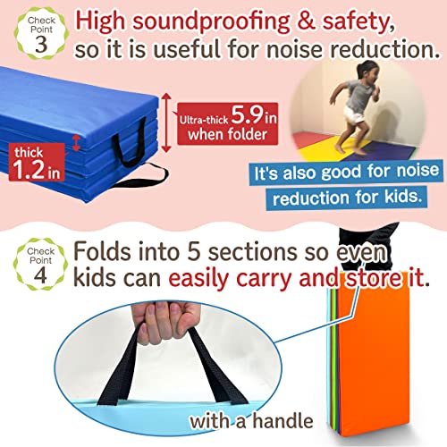 KaRaDaStyle Gymnastics Mat Folding Stretch Mats 75"x31"x1.2" Exercise Muscle Training Children Play Horizontal Bar Mat Yoga Sports Soundproof Home Use - color: Blue/5-fold