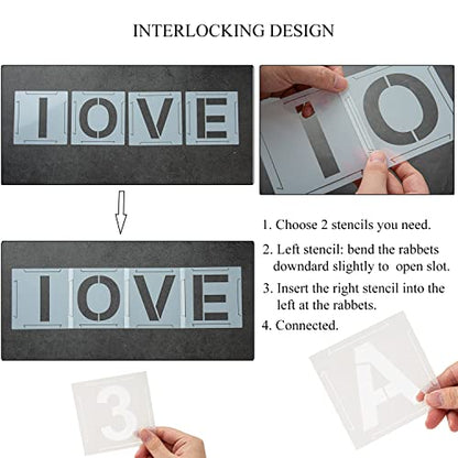 Eage 6 Inch Letter Stencils for Painting, 62 Pcs Reusable Plastic Letter Number Stencils, Interlocking Template Kit for Painting on Wood, Wall, Fabric, Rock, Chalkboard, Signage