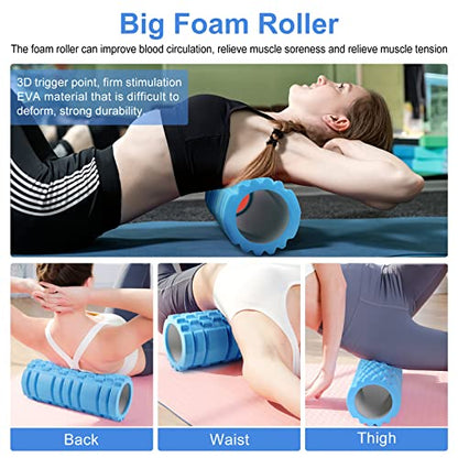 Aucuu 5 in 1 Foam Roller Set Includes Hollow Core Massage Roller, Yoga Stick, Massage Ball, Fitness Stretching Strap, Massage Roller, Carrying Bag, Towel (Blue) - color: Blue