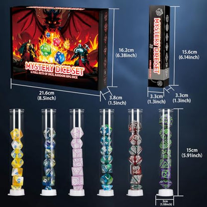 QMAY Mystery Dice Box - 42 Pcs Polyhedral Dice & 6 Pcs Dice Display Tubes - style: Mystery Dice Gift Box (6 set dice)