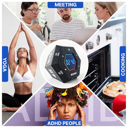 Pomodoro Timer,Hexagon Cube Magnetic Flip,ADHD Tools for Adults/Kids Task Timer for Office, Study, Exercise, Meditation,3/5/15/30/45/60min&Custom Digital Countdown, Adjustable Sound,Black