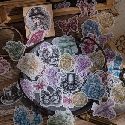 180 Pcs Steampunk Washi Stickers for Scrapbooking and Journaling | Retro mechanical designs with gears, clocks, top hats and airships for junk journals, collage, planners and card making - color: Industrial Punk
