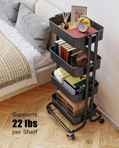 Pipishell 4 Tier Metal Rolling Utility Cart with 2 Lockable Wheels, Black | 360° Rotating Wheel, Heavy-Duty Steel, Sturdy Dual Columns, Ventilated Mesh, Hold 22 lbs per Shelf, for Kitchen & Dining Room - color: Black, size: 4 Tier