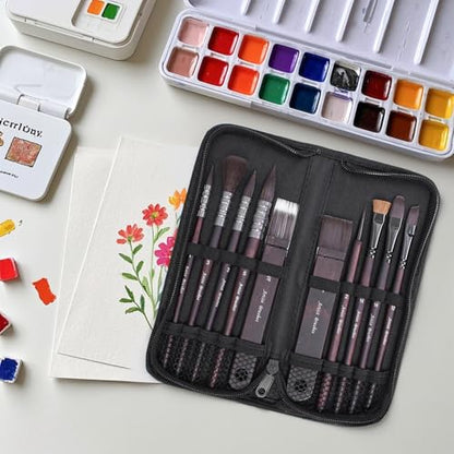 10 Pieces Paint Brush Set, Artist Series, Nylon Bristles with Round, Flat, Fan, Angle, Detail Brush, Suitable for Artists and Beginners for Acrylic Painting, Oil, Watercolor, Gouache(Black) - color: Black